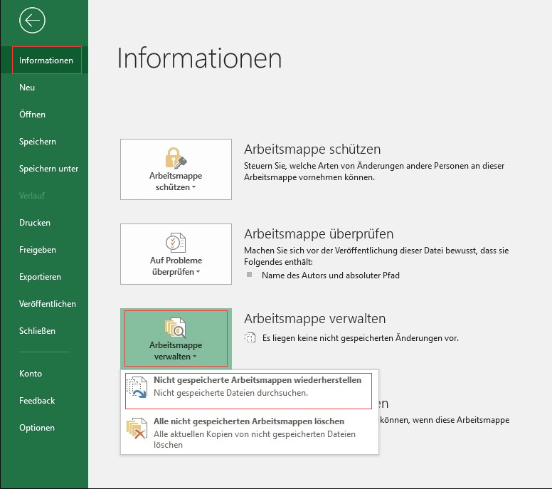 ungespeicherte Excel-Arbeitsmappe wiederherstellen