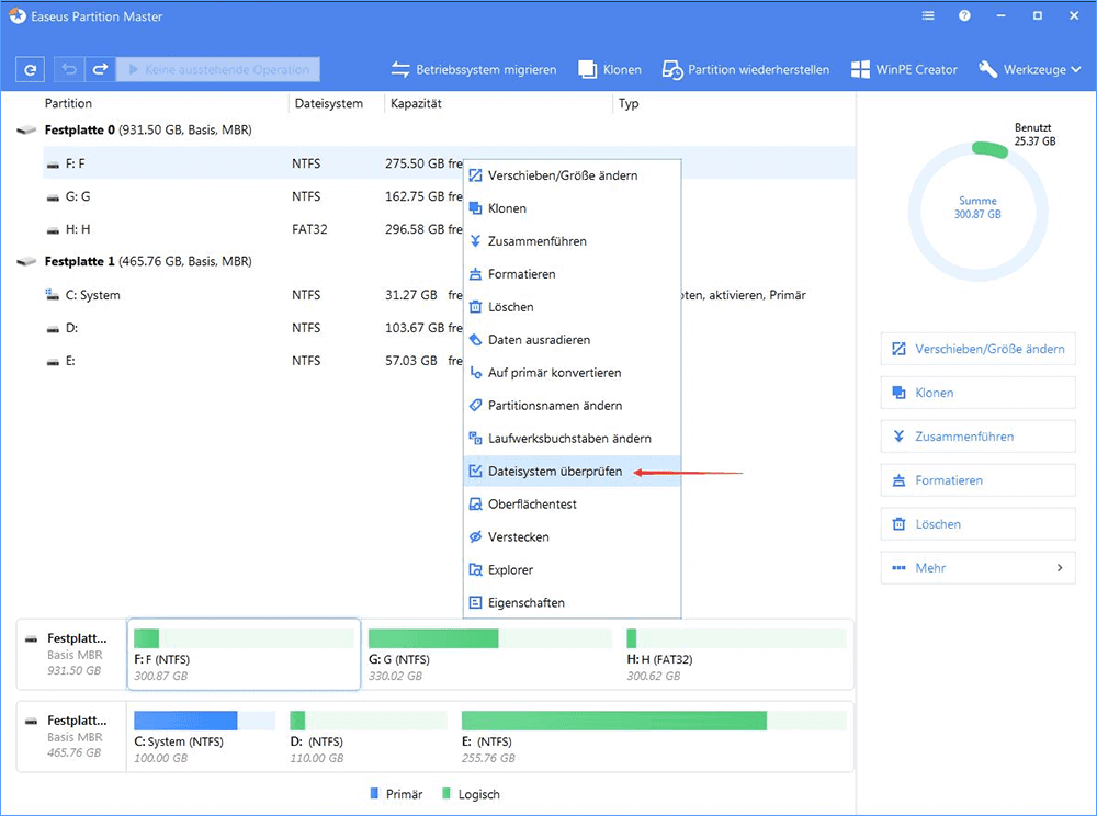Dateisystem überprüfen mit EaseUS Partition Master