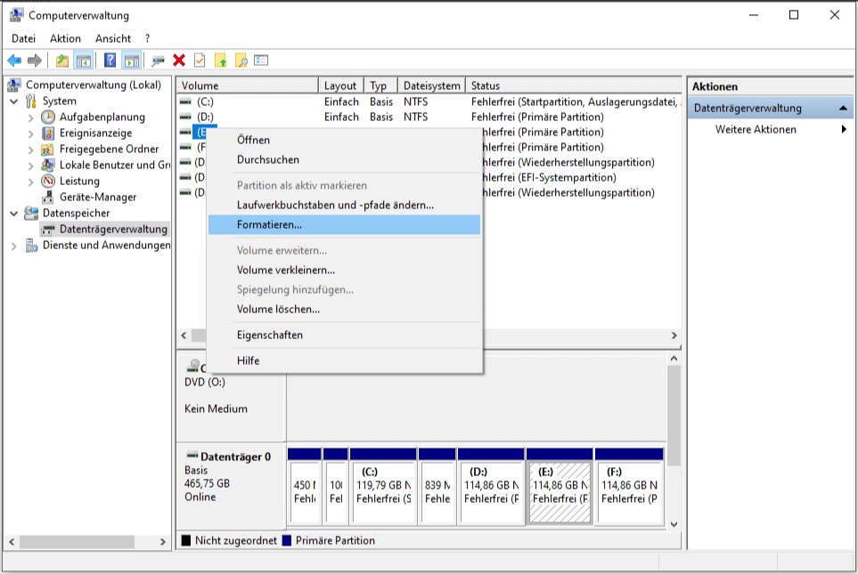 Partition in Datenträgerverwaltung formatieren
