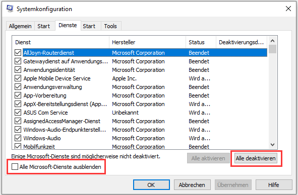 Sauberes Boot verwenden - Alle Microsoft-Dienste ausblenden