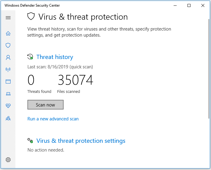 Esegui Windows Defender per rimuovere il virus