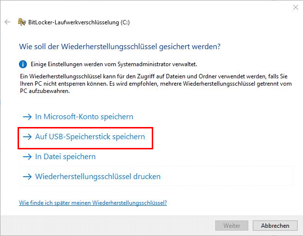 Wiederherstellungsschlüssel auf USB-Stick speichern