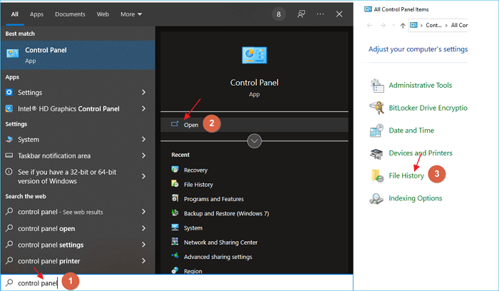 Zugriff auf den Dateiversionsverlauf in Windows 10 über die Systemsteuerung