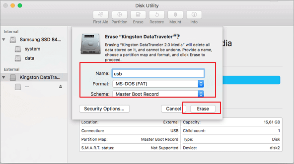 impostare il formato su USB