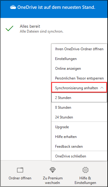 OneDrive Synchronisierung anhalten