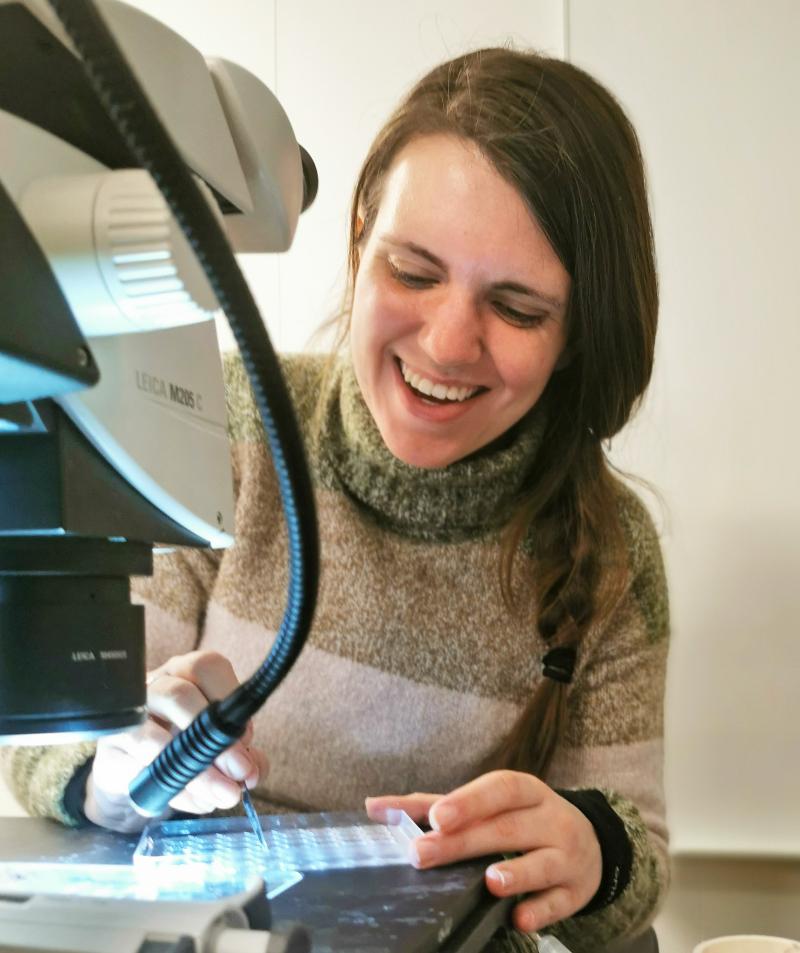Bilde 9 Jobbe på bevegelig lab.jpg Meaghan Lightfoot undersøker dyreplankton fra en av planktonhåvene.