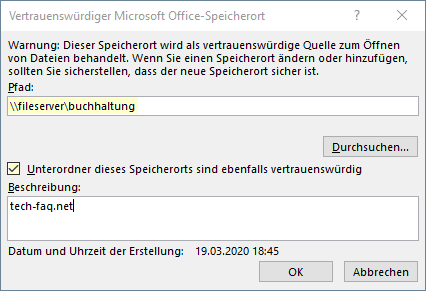Unterordner dieses Speicherorts sind ebenfalls vertrauenswürdig