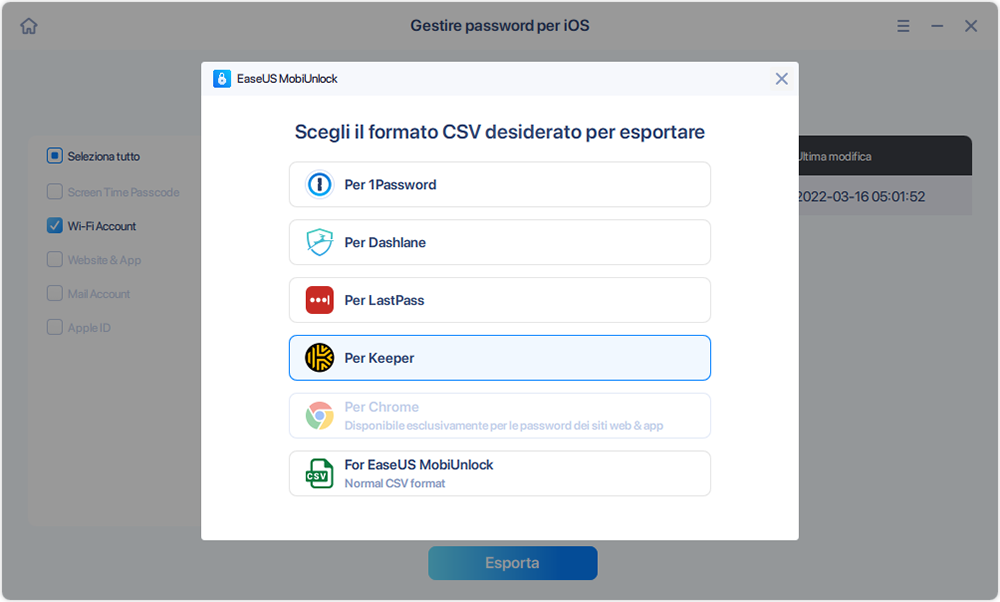 Selezionare formatto adatto per esportare le password recuperate - Passaggio 4