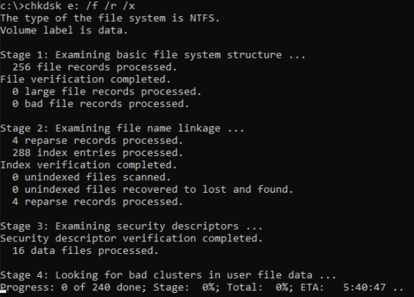 eseguire il comando chkdsk