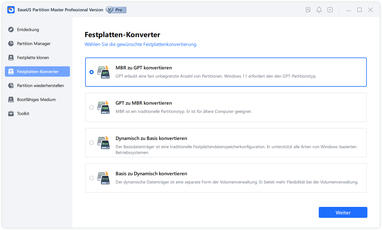 MBR zu GPT konvertieren mit EaseUS Partition Master - Schritt 1