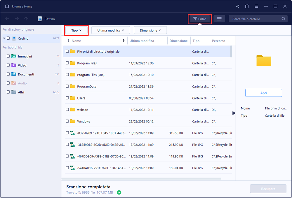 filtrare file da recuperare