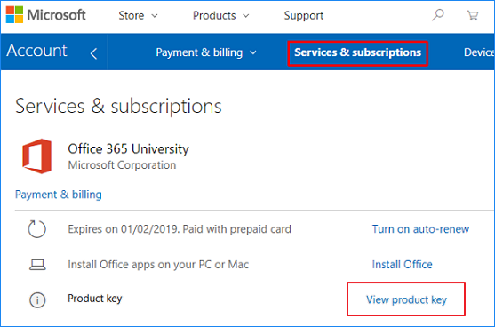 Visualizza il codice Product Key di Office 365 dalla pagina del servizio Microsoft