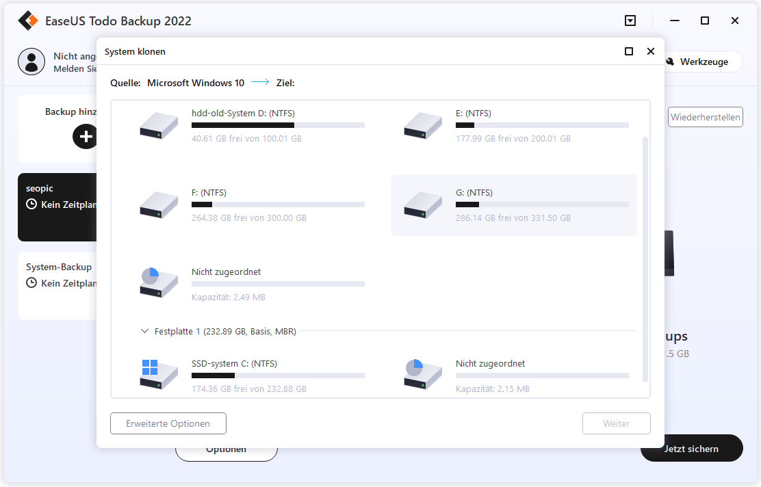 Systemlaufwerk klonen - die Systempartition als Quell auswählen