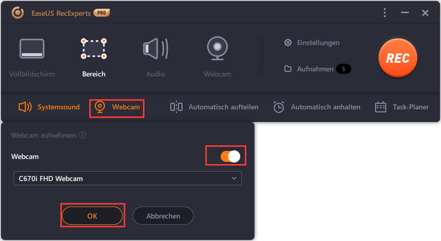 klicken Sie unten auf der Benutzeroberfläche auf das Symbol „Webcam“