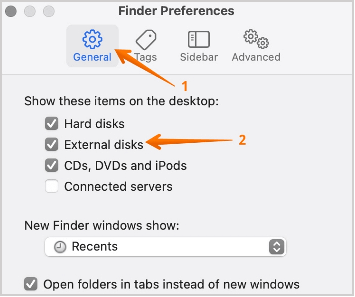 Wählen Sie Externe Festplatte in den Finder-Einstellungen