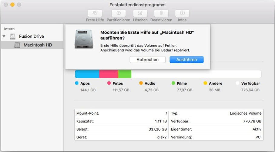 Partitionen mit dem Festplattendienstprogramm reparieren