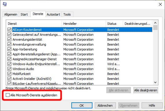 Alle Microsoft-Dienste ausblenden