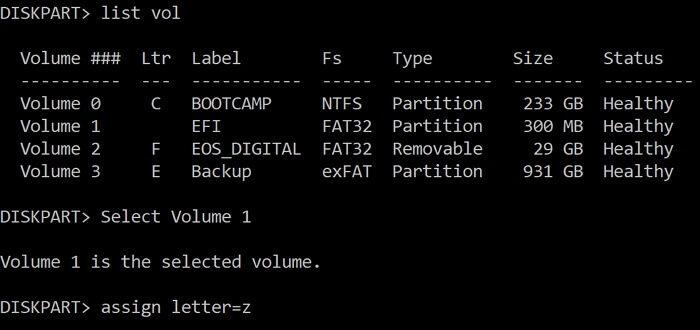 Zuweisung eines Laufwerksbuchstabens zur EFI-Partition