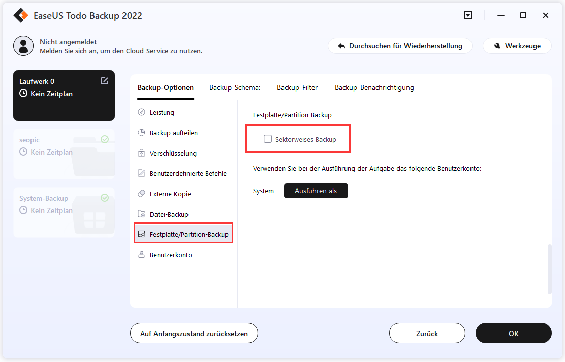 erweiterte Backup-Optionen einstellen
