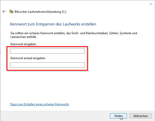 BitLocker Kennwort eingeben