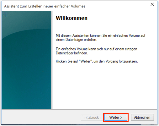 Assistent für neue einfache Datenträger öffnen