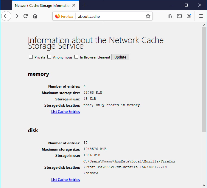 List Cache Entries