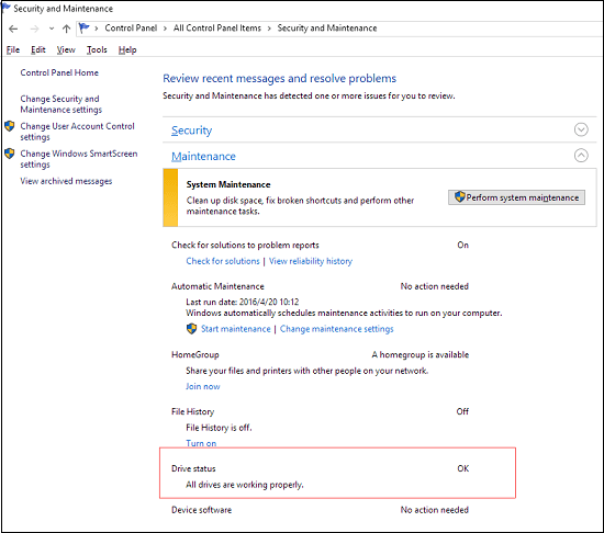 controlla gli errori del disco in Windows 10 in Sicurezza e manutenzione