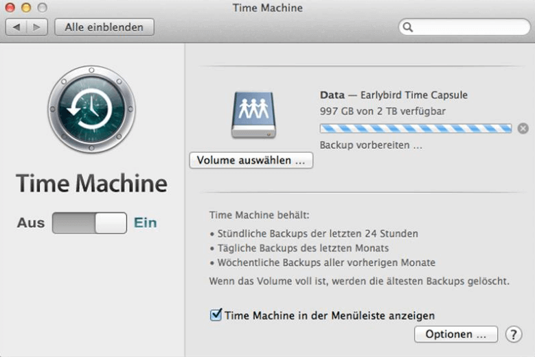 Time Machine hängt bei Backup vorbereiten