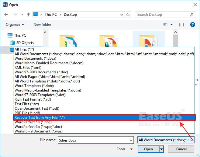 Text Recovery Converter verwenden