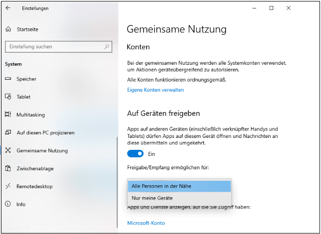 Übertragung von Dateien über die nahegelegene Freigabe Windows 10