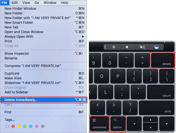 Accesso rapido per eliminare i file immediatamente su Mac