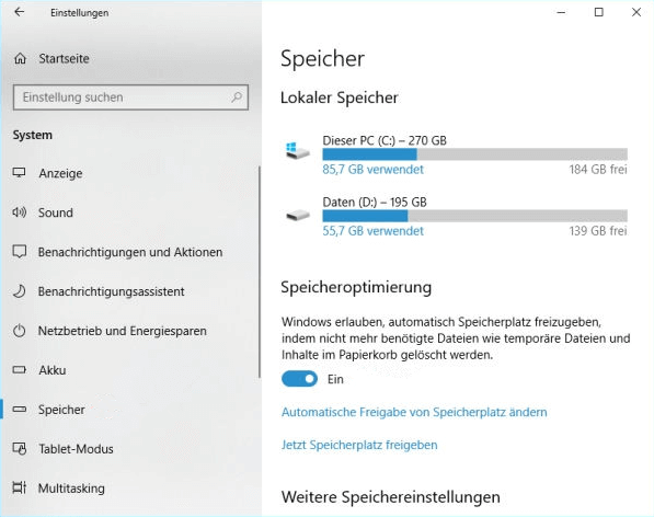 Speicheroptimierung aktivieren