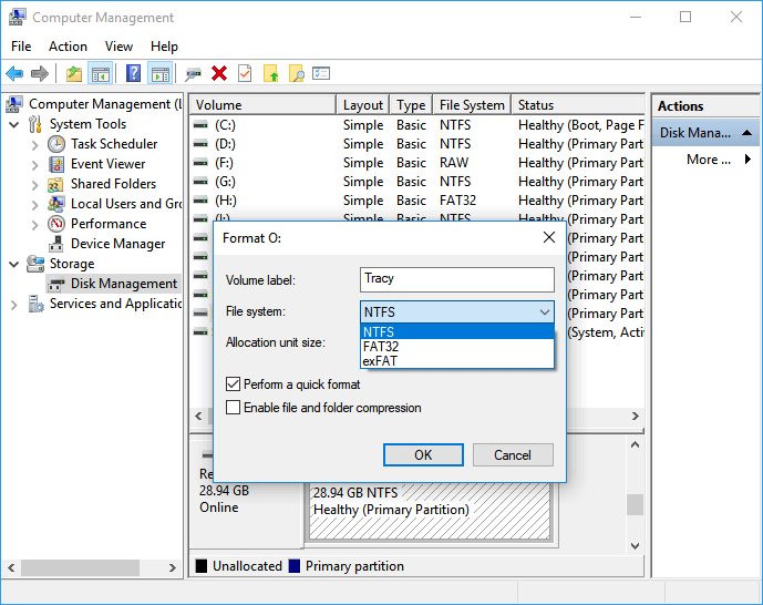 convertire in fat32 utilizzando la gestione del disco