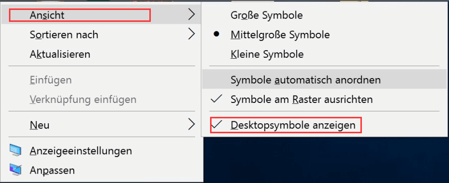 Windows Desktopsymbole anzeigen.