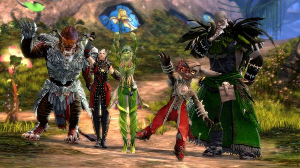 Five Guild Wars 2 characters wave and cheer representing each of the races of Tyria
