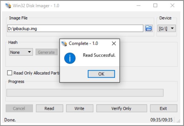lo strumento Win32 Disk Imager visualizza un avviso a comparsa