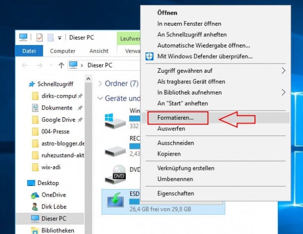 Windows 10 Festplatte im Windows Explorer formatiere