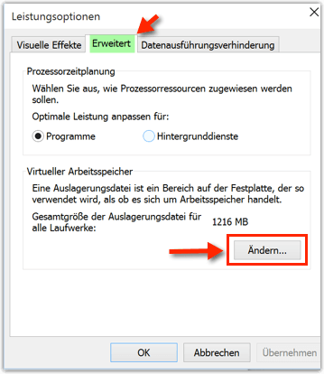 virtuellen Arbeitsspeicher ändern