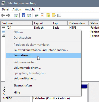 Die Festplatte in der Datenträgerverwaltung formatieren