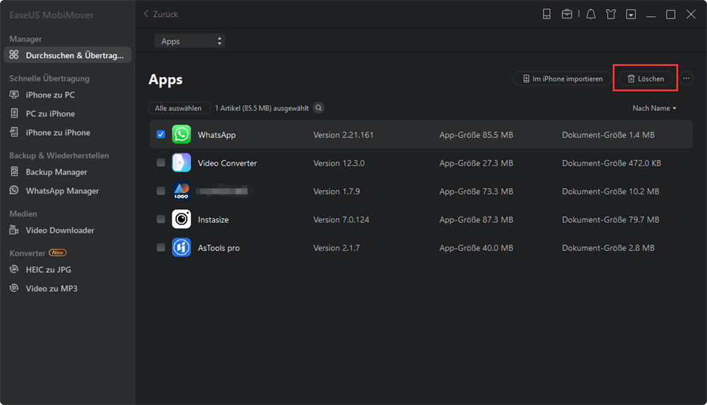 iPhone Apps löschen mit EaseUS MobiMover
