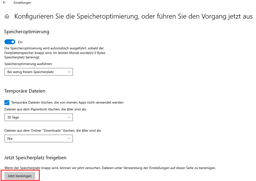 Windows Speicherplatz jetzt bereinigen