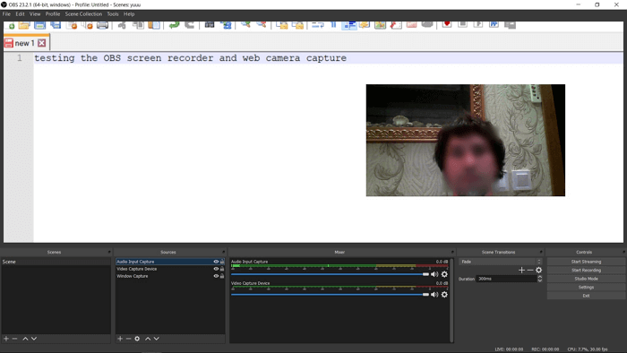 obs registra lo schermo e la webcam