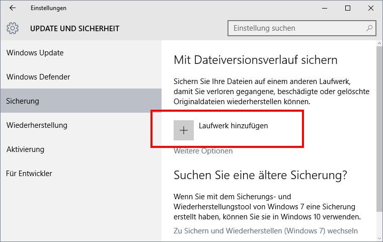 Laufwerk für Dateiversionsverlauf hinzufügen