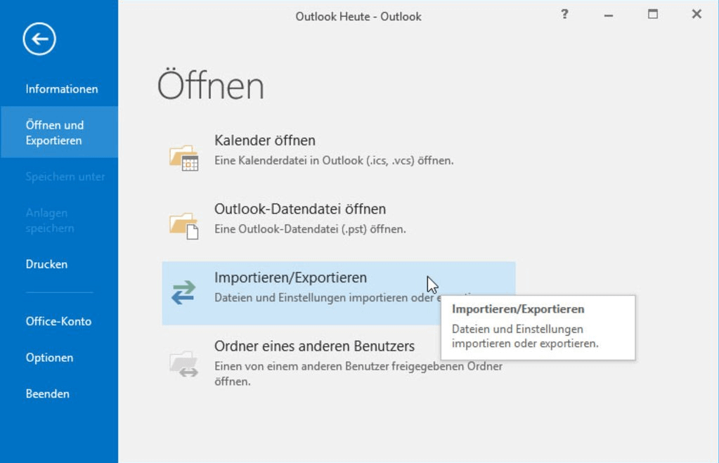 Wiederhergestellte PST/OST Dateien in Outlook importieren - Schritt 1.