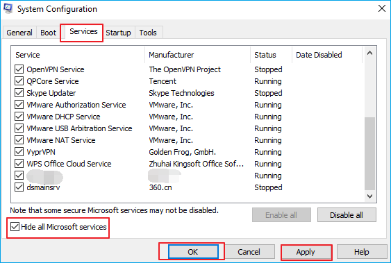 nascondi tutti i servizi Microsoft