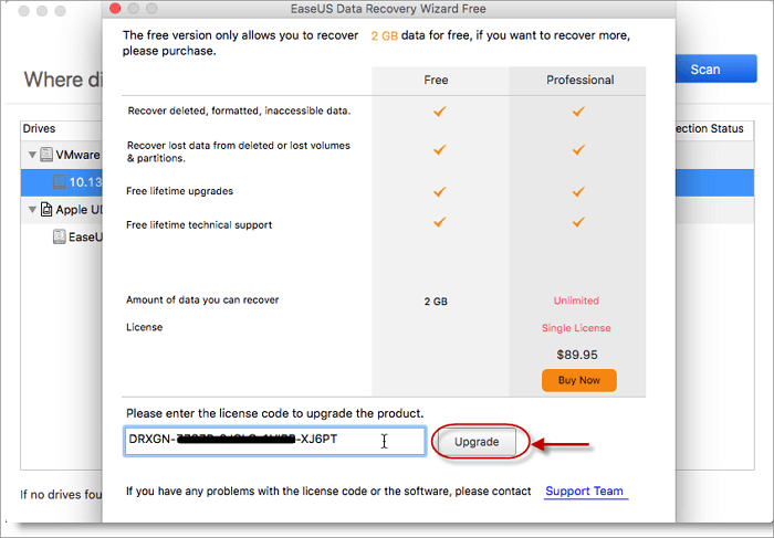 Inserisci il codice di licenza per aggiornare EaseUS Data Recovery Wizard alla versione Pro
