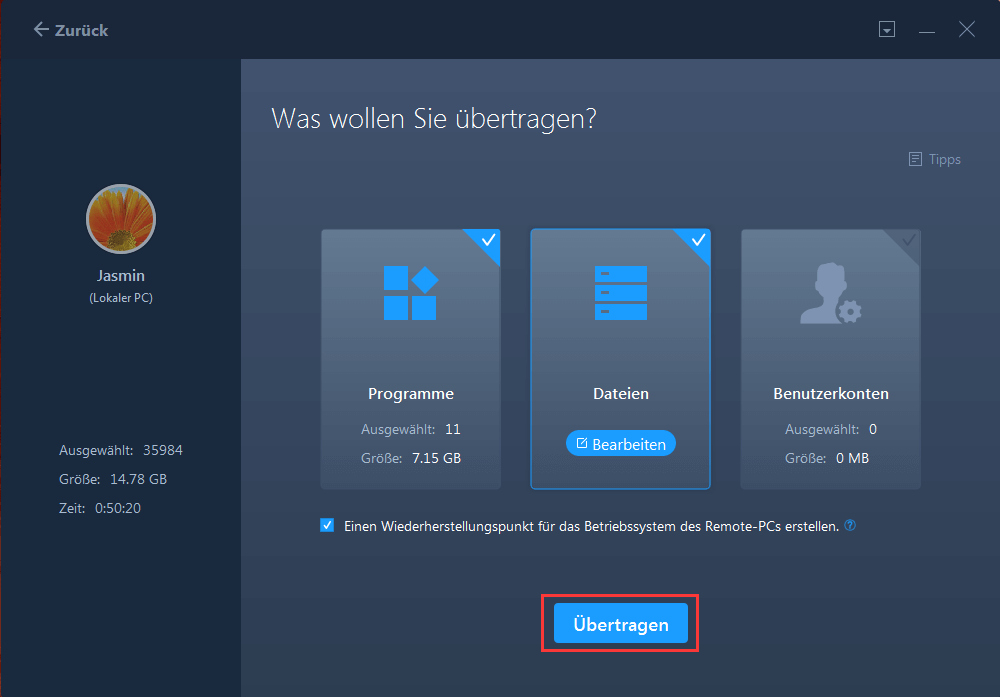 Gewünschte Dateien auf einen anderen Computer übertragen