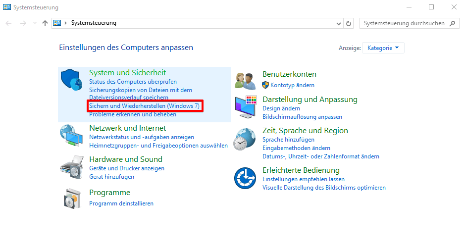 Klicken Sie auf Sichern und Wiederherstellen (Windows 7)