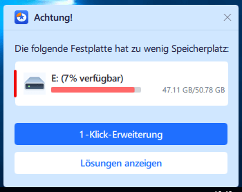 EaseUS zu wenig Speicherplatz Fehlermeldung
