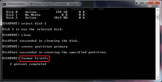 digitare format fs=ntfs per formattare il disco rigido con il prompt dei comandi